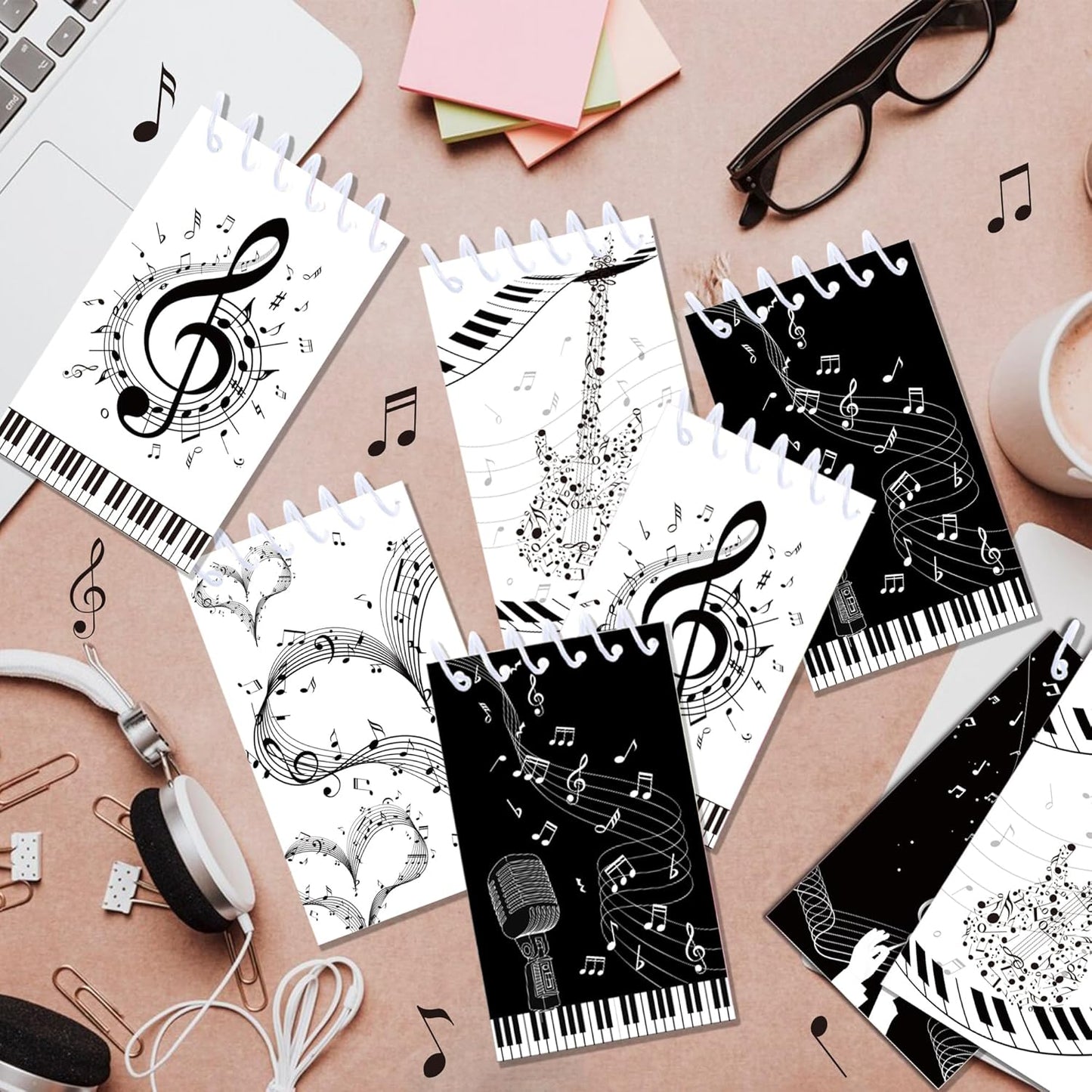 24 Pack Musical Notes Mini Spiral Notebook, Black and White Piano Pocket Notebook for Classroom Students Rewards, 16 Pages Portable Office Meeting Supplies