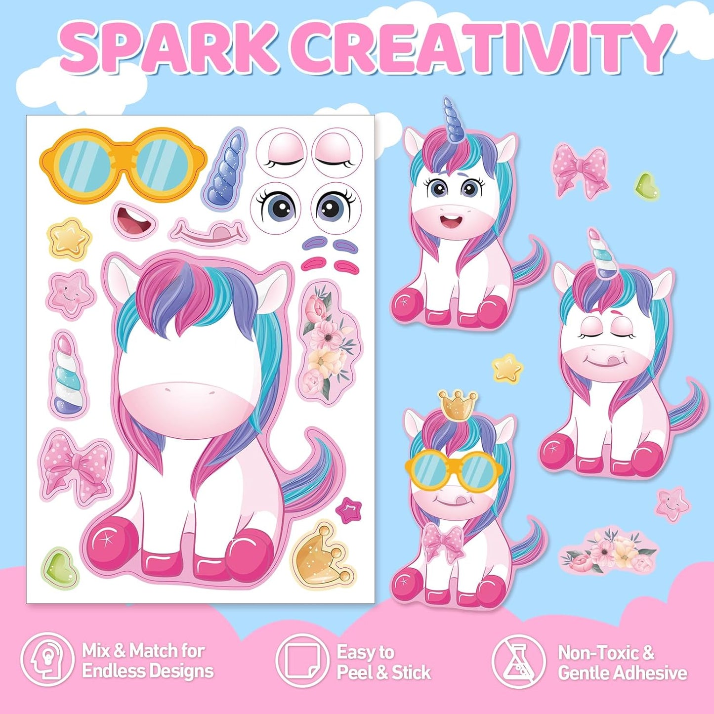Aowplc 36 Pcs Make-A-Face Sticker Sheets Kids Party Favors Mix and Match Stickers with Dinosaurs, Mermaids, Unicorns, Horses, Farm & Sea Animals for Parties, Birthdays, Classroom Activities & Crafts