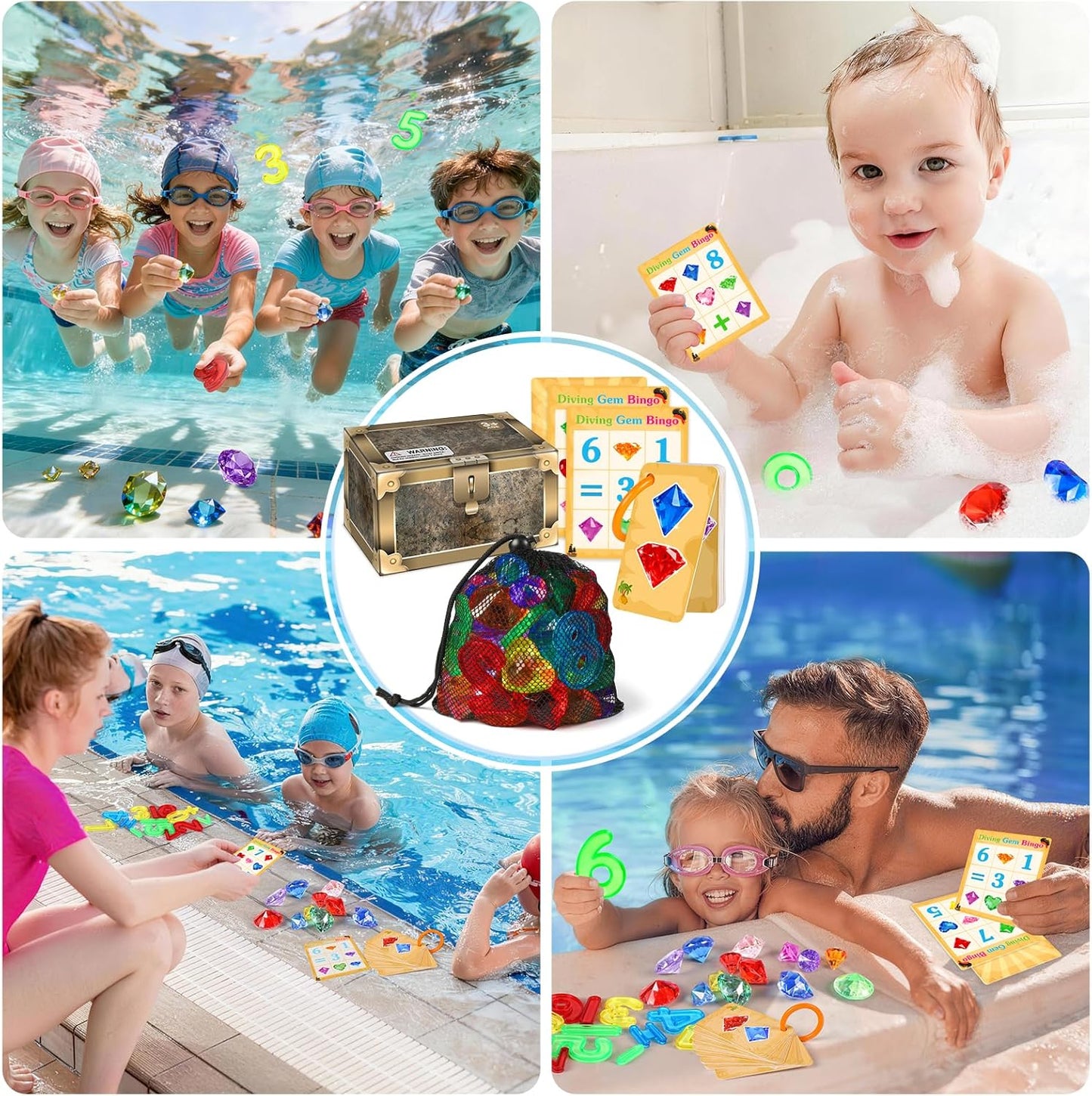 Meaicezli Pool Toys Diving Gems, 54 Pcs Search and Find Pool Games, Diving Toys with Dive Gems, Acrylic Numbers, Scavenger Hunt Game Cards & Mesh Bag, Fun Summer Water Party Favors for Kids 4-12
