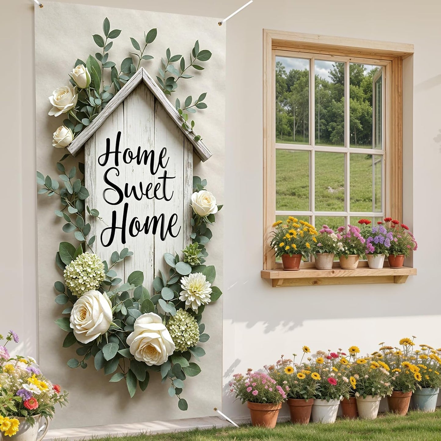 Home Sweet Home Door Cover Housewarming Party Decorations Door Banner Welcome Home Floral Backdrop Decor Greenery Leaves New Home Party Photography Background Sign Bridal Shower