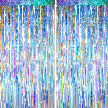 4 Packs Silver Foil Fringe Curtain, Silver Glitter Metallic Tinsel Backdrop for Birthday, Wedding, Baby Shower, Bachelorette, 70s 80s 90s Theme Disco Party, Iridescent Party Decorations Supplies