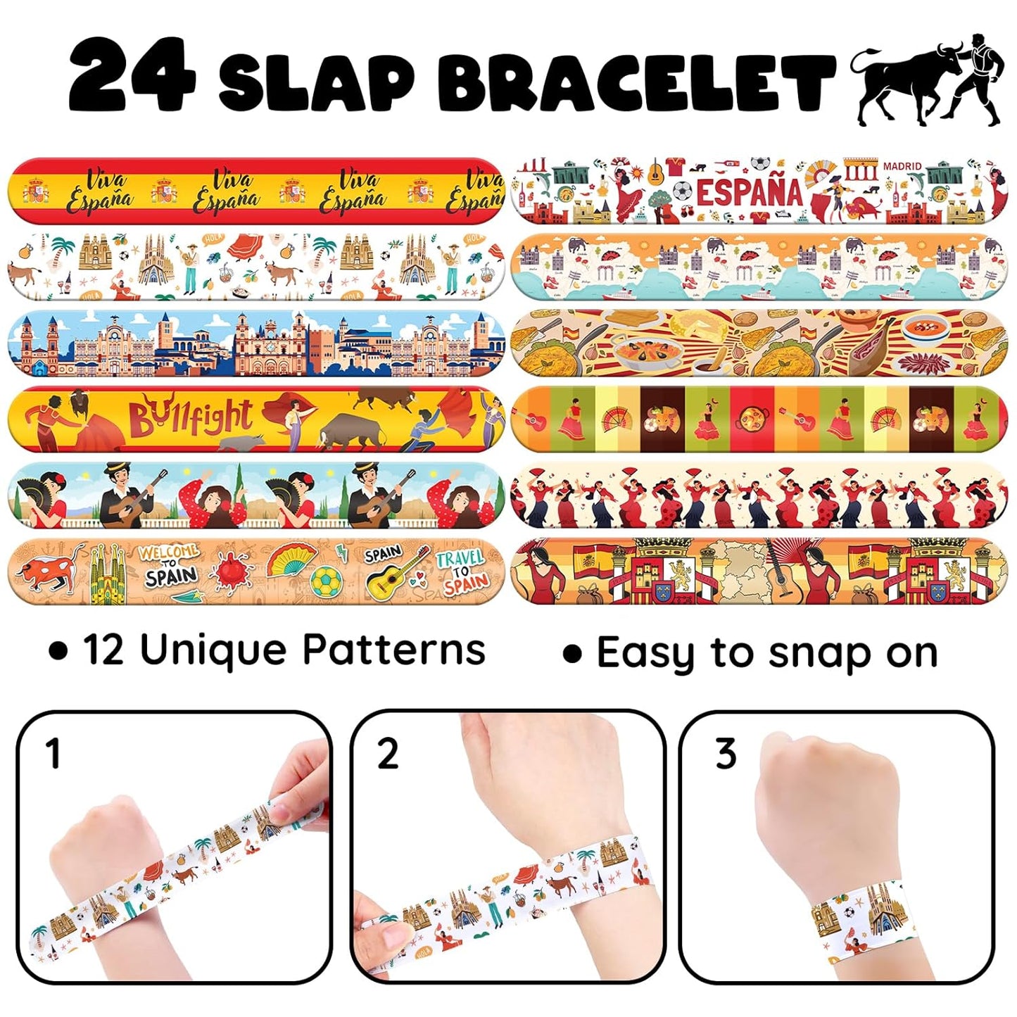 96 PCS Spain Party Favors Set – 72 Pre-Cut Temporary Tattoos & 24 Slap Bracelets, Perfect for Flamenco Parties & Travel-Inspired Celebrations