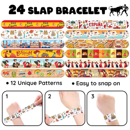 96 PCS Spain Party Favors Set – 72 Pre-Cut Temporary Tattoos & 24 Slap Bracelets, Perfect for Flamenco Parties & Travel-Inspired Celebrations