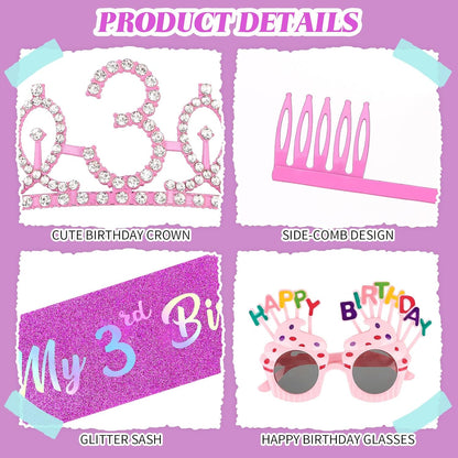 YARIEW 3rd Birthday Decorations, 3rd Glitter Purple Sash and Crown Kit with Happy Birthday Sunglasses, Tiara Princess Crown and Sash Party Outfit Accessory