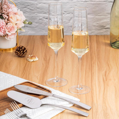 Wedding Cake Knife and Server Set, Bride Groom Mr and Mrs Champagne Flutes Glasses, Cake Cutting Set for Wedding with Forks, Bridal Shower Gifts Wedding Anniversary Engagement Gifts