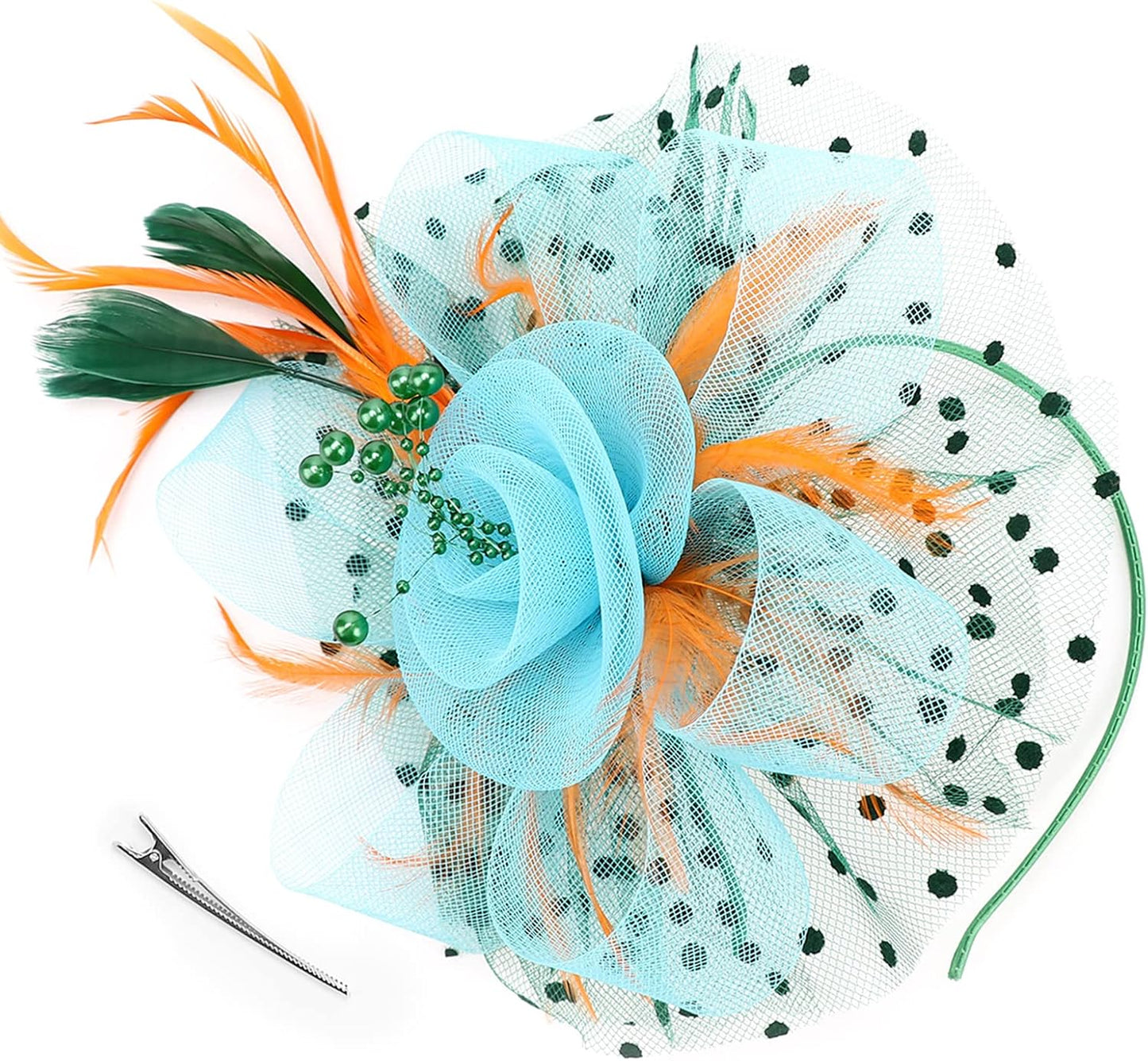 DRESHOW Fascinators Hat Flower Mesh Ribbons Feathers on a Headband and a Clip Tea Party Headwear for Girls and Women - Colors B