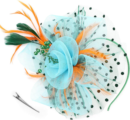 DRESHOW Fascinators Hat Flower Mesh Ribbons Feathers on a Headband and a Clip Tea Party Headwear for Girls and Women - Colors B