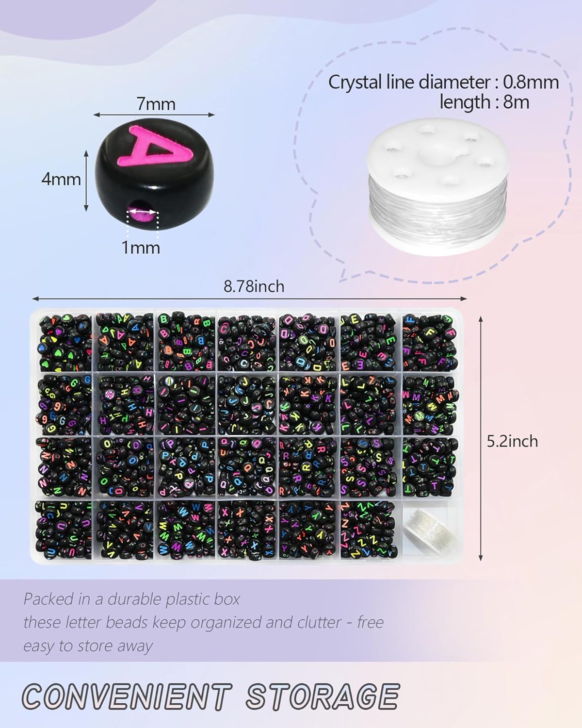 Amaney 1400pcs Glow Letter Beads, Heart Beads Whit Elastic Beading Cord,4x7mm Round Acrylic Alphabet Beads for Friend Bracelet Jewelry Making
