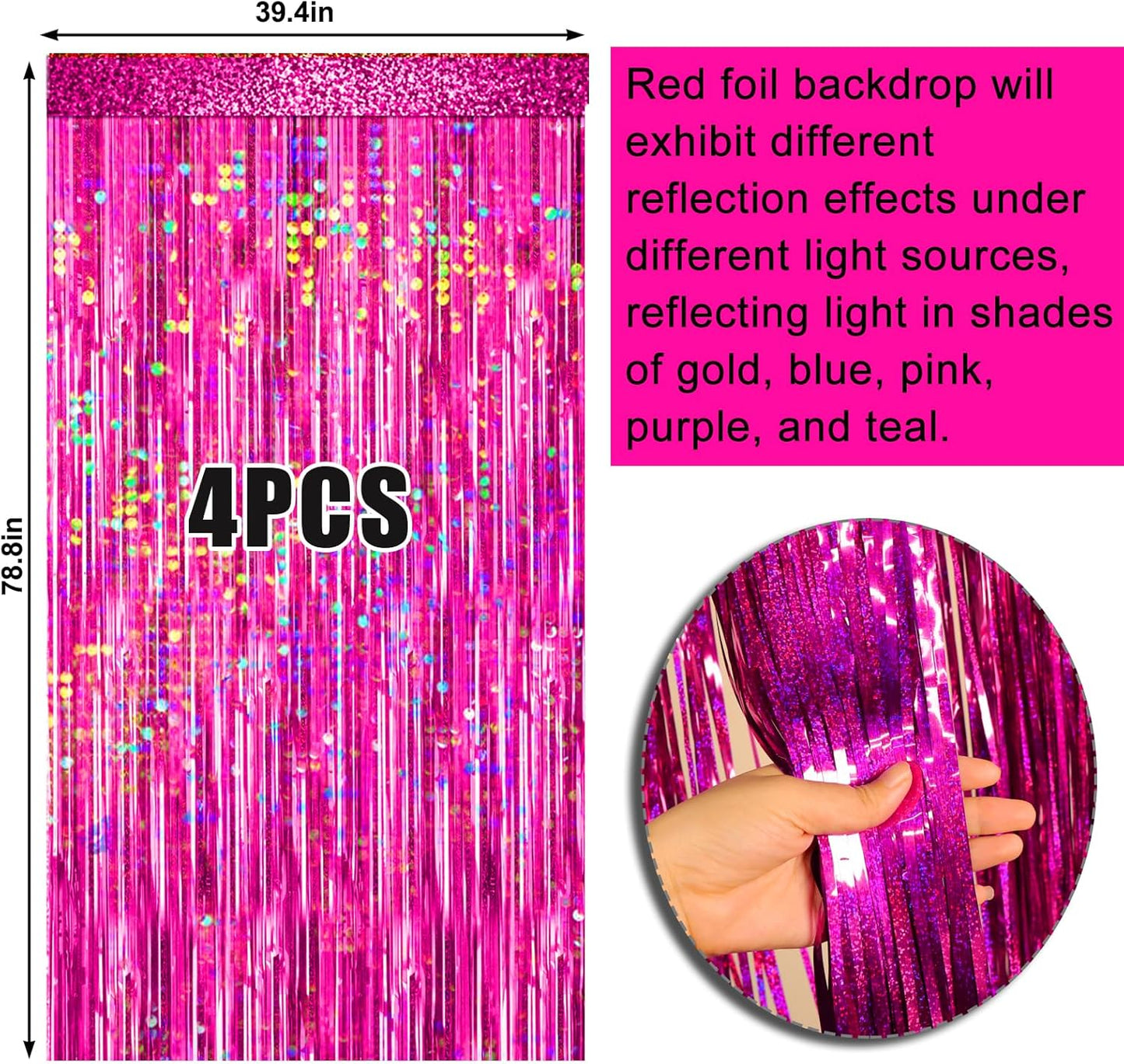 4 Packs Silver Foil Fringe Curtain, Silver Glitter Metallic Tinsel Backdrop for Birthday, Wedding, Baby Shower, Bachelorette, 70s 80s 90s Theme Disco Party, Iridescent Party Decorations Supplies