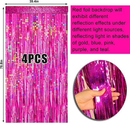 4 Packs Silver Foil Fringe Curtain, Silver Glitter Metallic Tinsel Backdrop for Birthday, Wedding, Baby Shower, Bachelorette, 70s 80s 90s Theme Disco Party, Iridescent Party Decorations Supplies