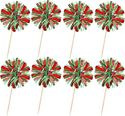 Ephlyn 30Pcs Foil Firework Cupcake Toppers Sparkle Tinsel Cupcake Picks Drink Stirrers Cocktail Food Fruit Toothpicks for Baby Shower Graduation Party Supplies White