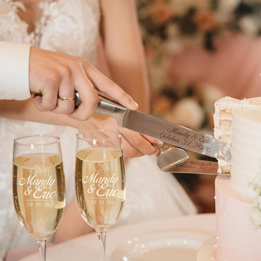 My Personal Memories Personalized Engraved Cake Server Gift Set with Matching Custom Champagne Toasting Flutes