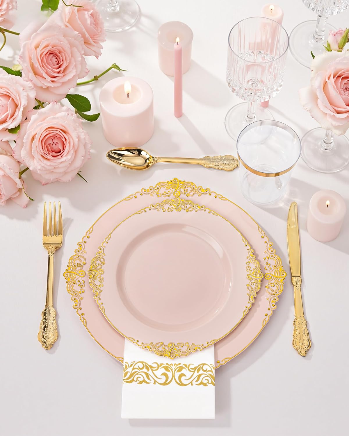Nervure 350PCS Gold Plastic Plates - Gold Plastic Dinnerware Sets for 50 Guests - 100 Disposable Plates, 150 Silverware, 50 Cups, 50 Napkins for Wedding & Party & Mothers Day