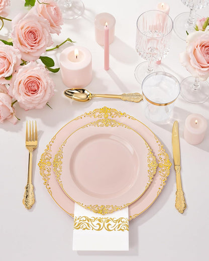 Nervure 350PCS Gold Plastic Plates - Gold Plastic Dinnerware Sets for 50 Guests - 100 Disposable Plates, 150 Silverware, 50 Cups, 50 Napkins for Wedding & Party & Mothers Day