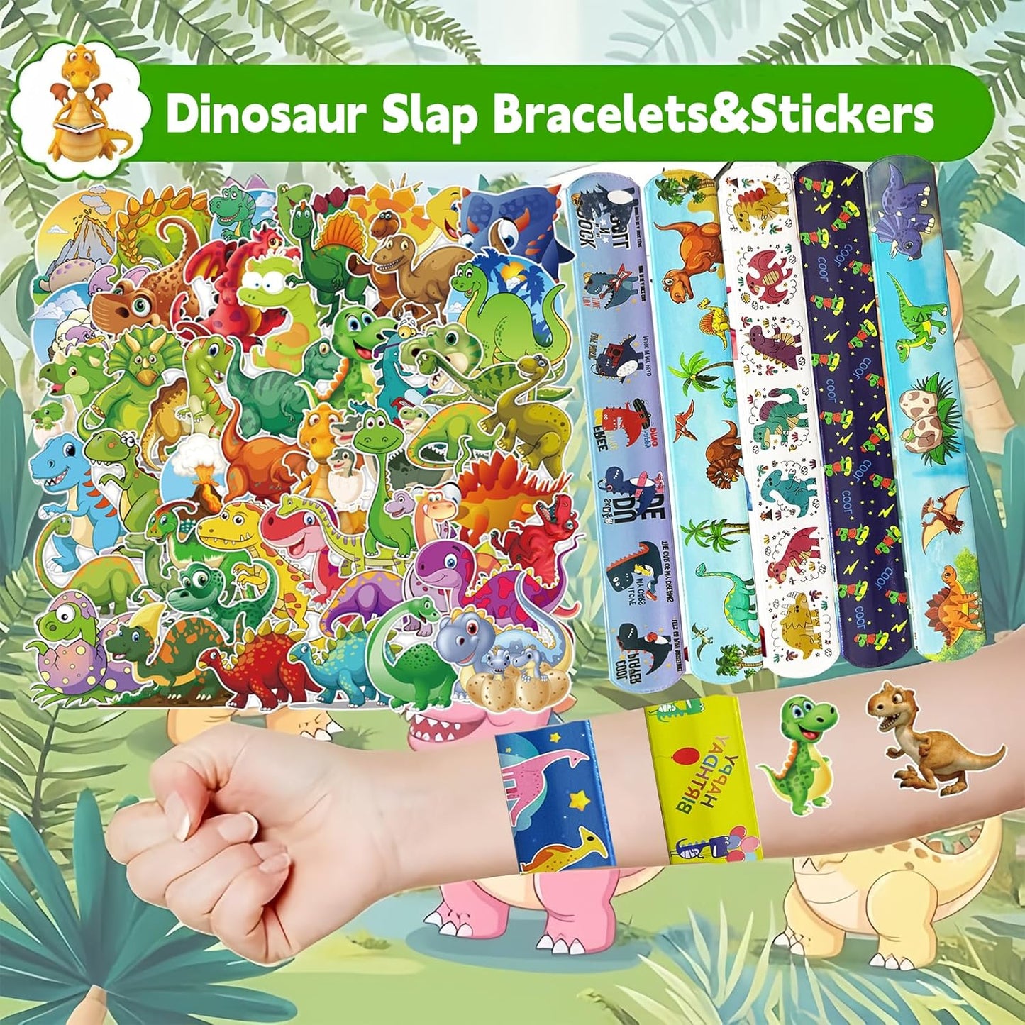 CZWXOXO 74Pcs Dinosaur Theme Party Favors Contain 24 Pcs Slap Bracelets 50Pcs Stickers, Dino Theme Birthday Party Decorations,Classroom Rewards Supplies.