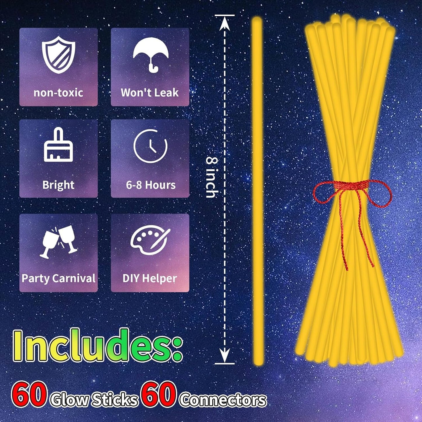 60 Pack 8” White Glow Sticks Bulk with 60 Connectors Neon Glow In The Dark Party favors Supplies for Holiday Birthday Party Decoration (White)