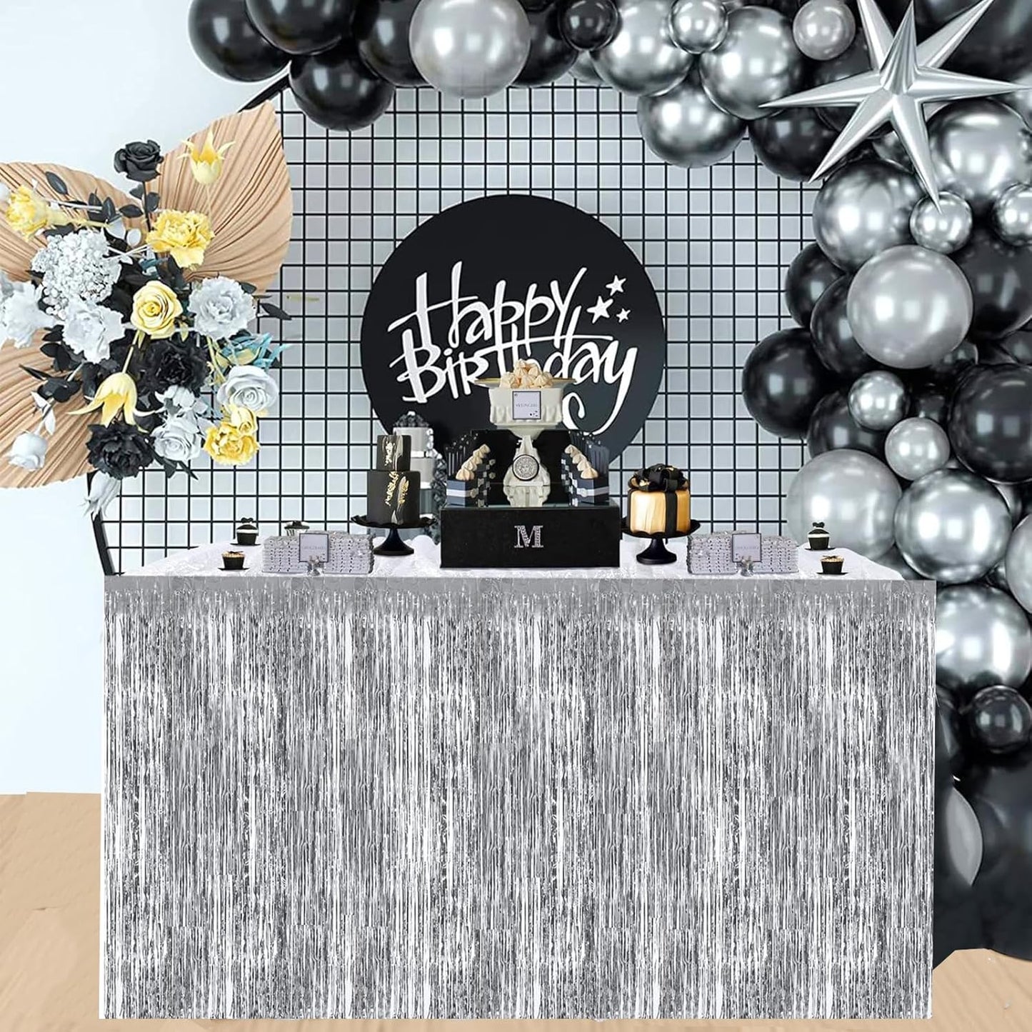 BEISHIDA 2 Pack Metallic Tinsel Foil Fringe Table Skirts for Rectangle & Round Tables Hot Pink Kids' Birthday, Holiday Cartoon Party Decorations for Birthday Valentines Baby Shower Festive Events