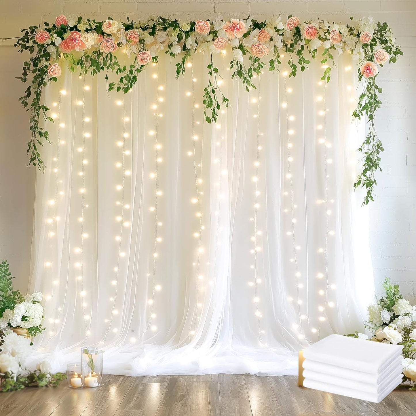 Fomcet Tulle Backdrop Curtains with Lights String White 10FT X 8FT Sheer Curtain with Lights Tulle Curtains Backdrop for Wedding Birthday Party Baby Shower Photo Shoot (2 Panels 5x8FT)