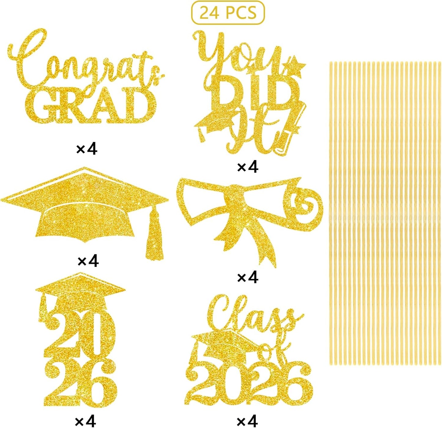Graduation Centerpiece Sticks 24PCS Glitter Grad Picks Party Table Decor Senior High School College Sign Gold