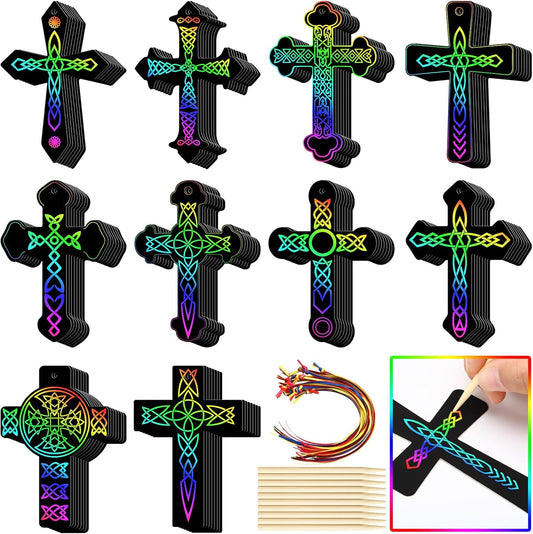 Chivao 80 Pcs Scratch Cross Ornaments Rainbow Color Craft Kit DIY Scratch Art Paper Christian Gifts Sunday Paper Craft Kits with Wood Sticks Ribbons