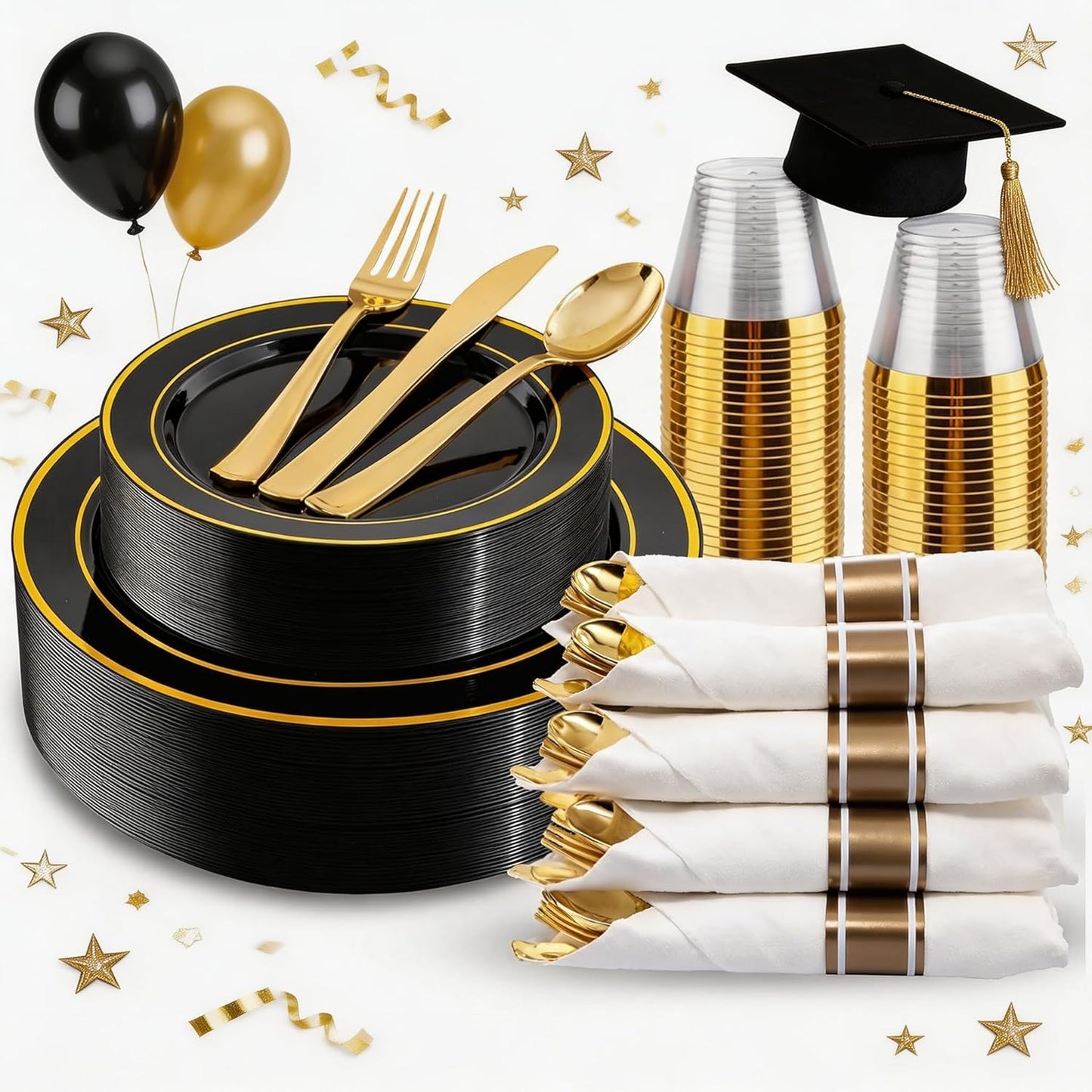 350 Pieces Black and Gold Plastic Plates with Disposable Silverware, Include 50 Dinner Plates 9”, 50 Dessert Plates 6.3”, 50 Black Cups 9 OZ, 50 Pre Rolled Napkins for Wedding Party Graduation