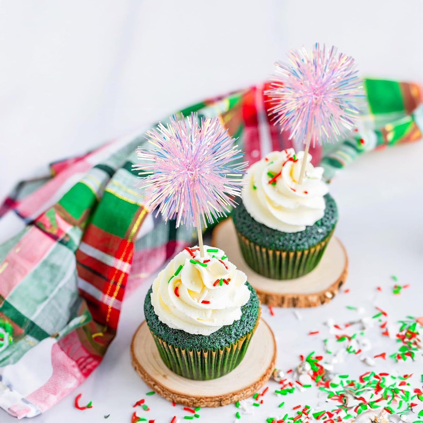 Ephlyn 30Pcs Foil Firework Cupcake Toppers Sparkle Tinsel Cupcake Picks Drink Stirrers Cocktail Food Fruit Toothpicks for Baby Shower Graduation Party Supplies White