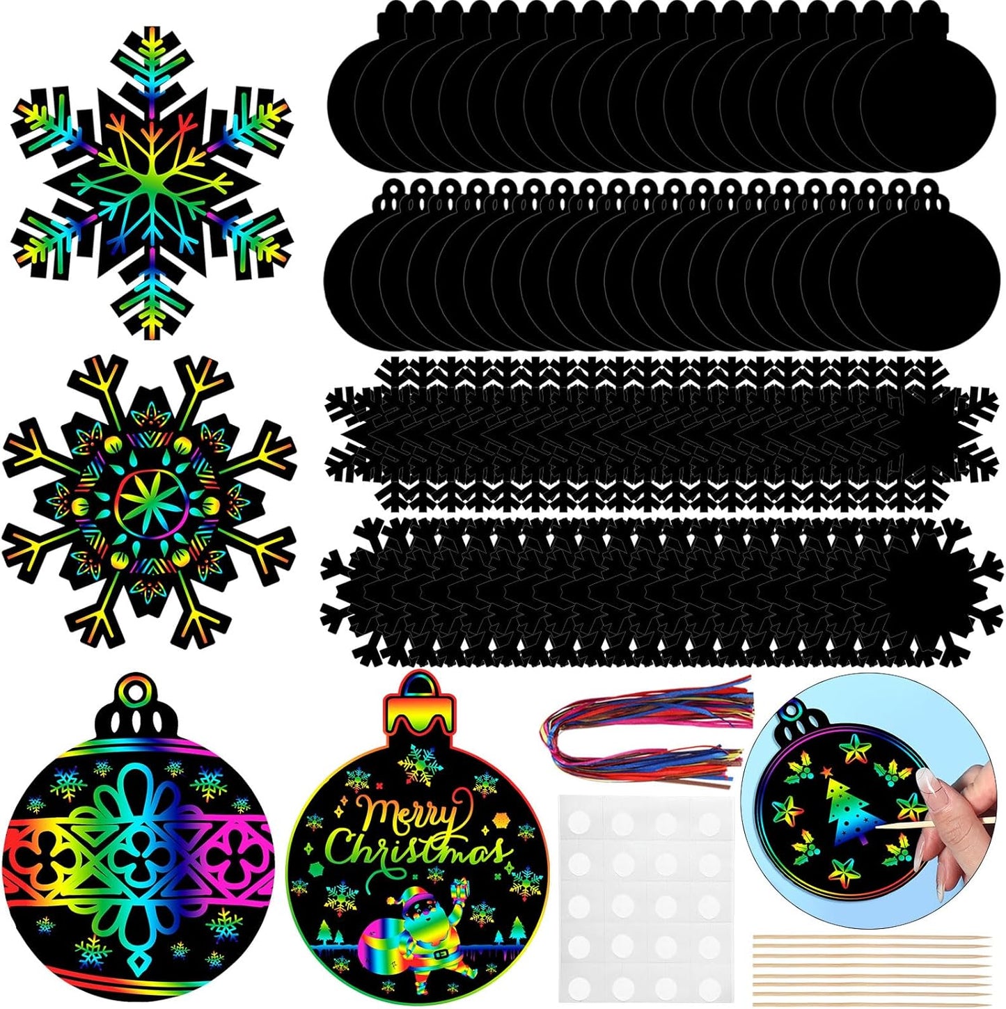 Yeaqee 80 Pcs Christmas Ornament Scratch Cards Christmas Scratch Paper Art with Drawing Sticks and Ribbons DIY Xmas Magic Paper for Winter Xmas Home Party DIY Activities (Ornament)