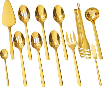 KINGSTONE Large Hostess Serving Utensils Set, 18/10 Stainless Steel Heavy Duty 10-inch Serving Utensils, Slotted Spoons, Forks, Tongs, Cake Pie Server for Buffet, Wedding, Party