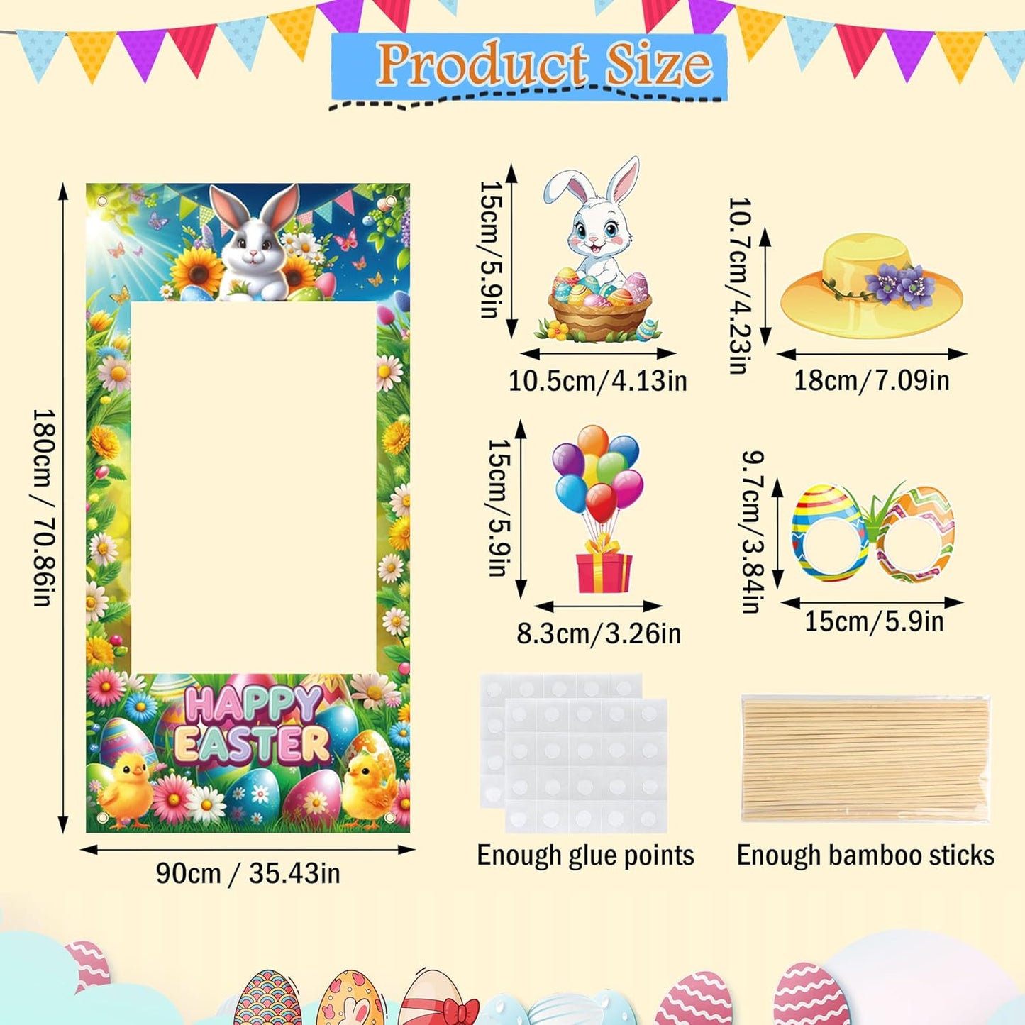 Lucleag Easter Photo Booth Props & Frame Banner Set, 30Pcs Cute Bunny Egg Photo Props & 1Pcs Selfie Frame Photos Banner Photo Accessories for Easter Spring Decoration Party Supplies