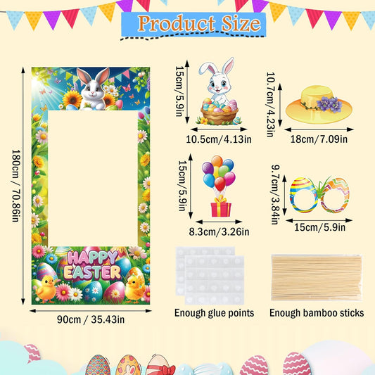 Lucleag Easter Photo Booth Props & Frame Banner Set, 30Pcs Cute Bunny Egg Photo Props & 1Pcs Selfie Frame Photos Banner Photo Accessories for Easter Spring Decoration Party Supplies