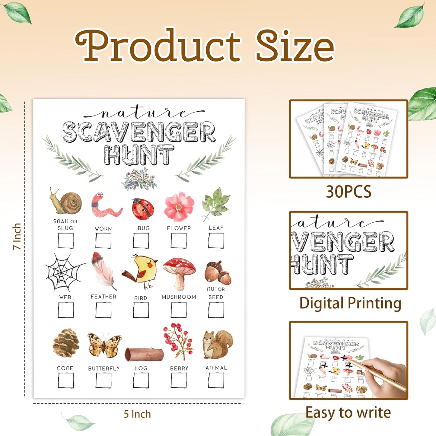 30Pcs Nature Scavenger Hunt Cards, Scavenger Hunt Cards Road Trip and Travel Activities, Spring Summer Holiday Party Supplies, Camping Games Outdoor Indoor Seek Activity-A03