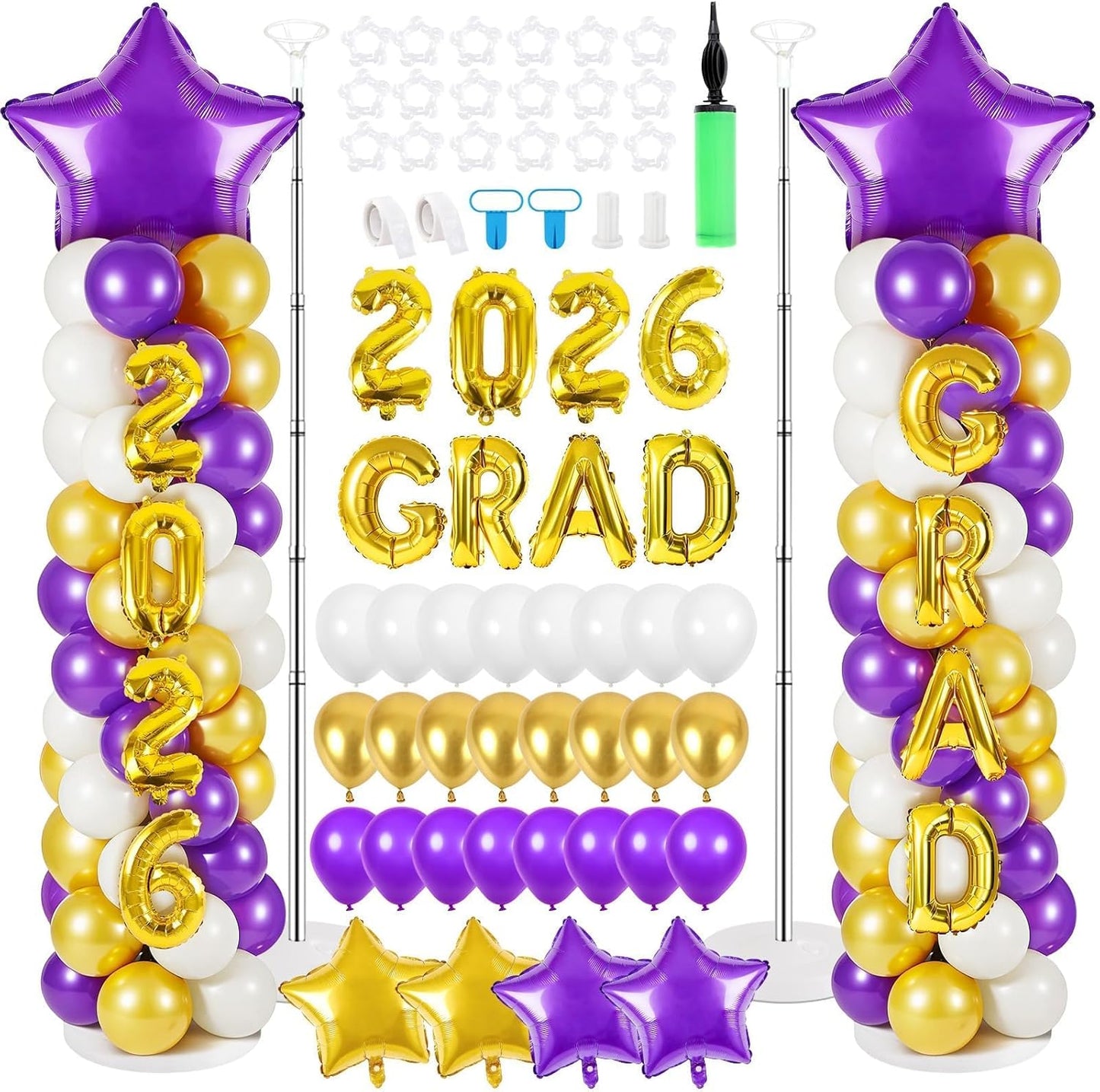 2 Sets Graduation Balloon Column Stand Kits with Balloons 2026 Grad Themed Decoration Navy Blue Balloon Tower Stand Kit for Grad High School & College Celebration Party Decor