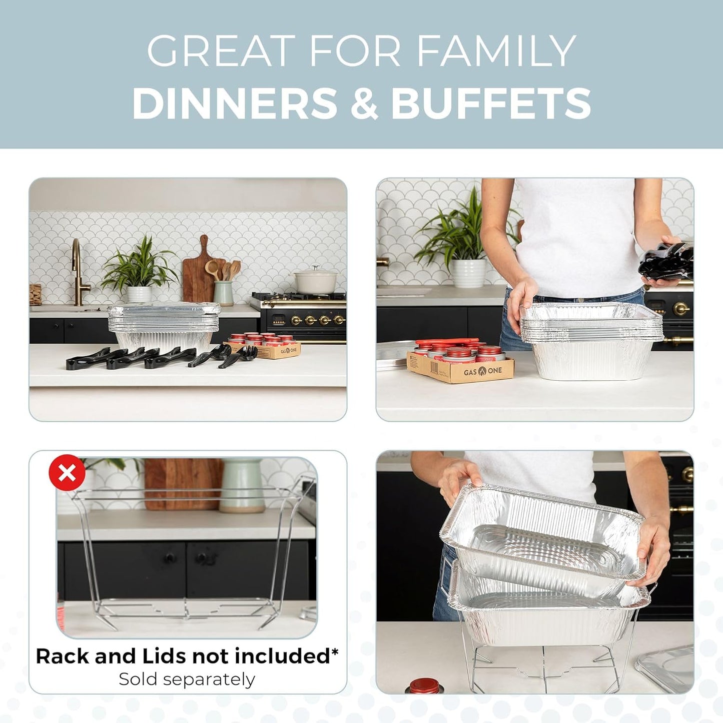 Alpha Living 6 Pack - Disposable Chafing Dish Buffet Set, Half Size Pans, Welded Body Food Warmers for Parties, Fuel Cans Complete Set, Warming Trays