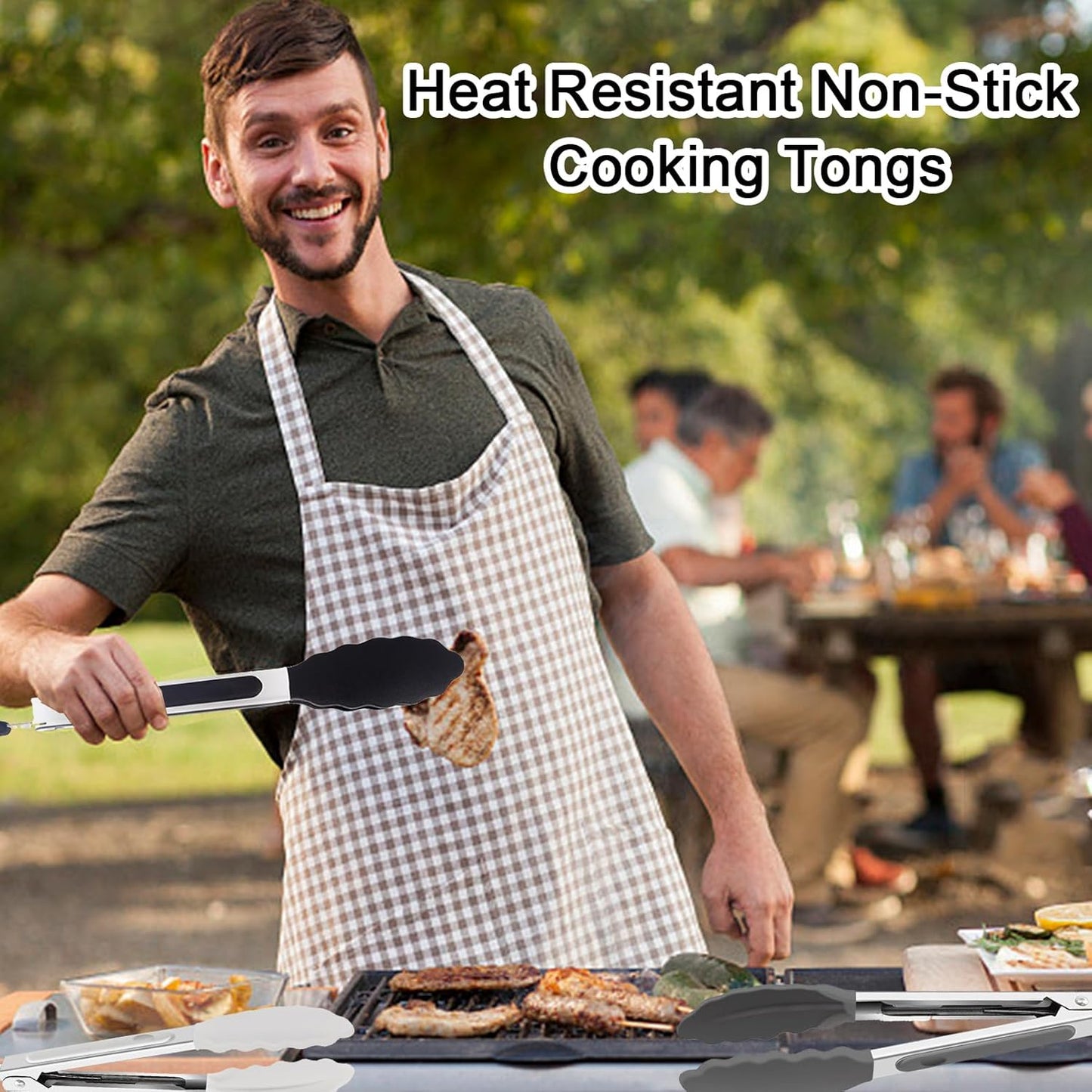 6 PCS Silicone Tongs,Cooking Tongs with Silicone Tips,7 Inch Stainless Steel Silicone Kitchen Tongs,Heat Resistant Non-Stick,for Cooking Grilling Salad,BBQ Tongs with Locking