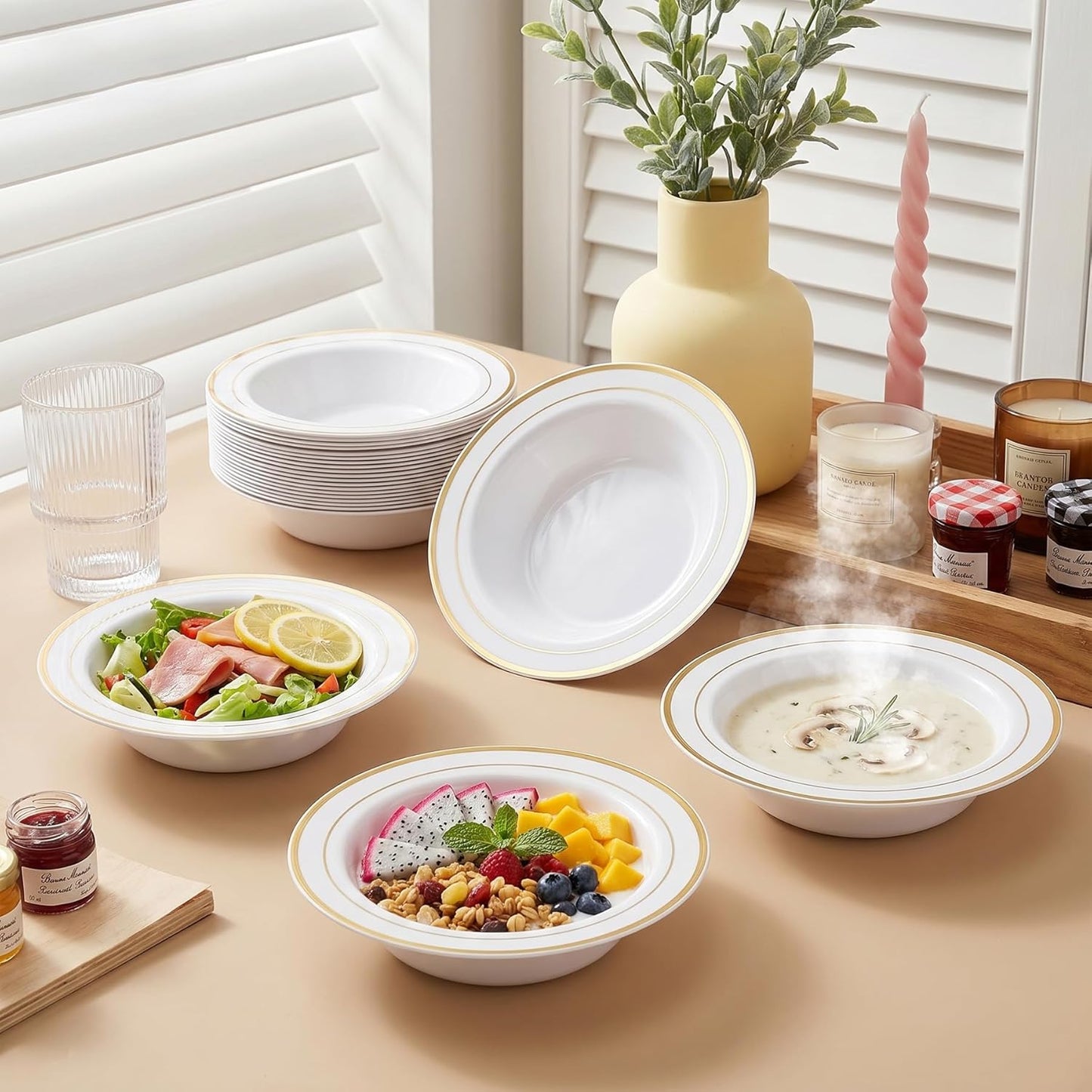 N9R 30PCS Disposable Plastic Bowls with Gold Rim, 12 oz Fancy White Plastic Bowls, Premium Dessert Salad Bowls Perfect for Party, Wedding and Everyday Use