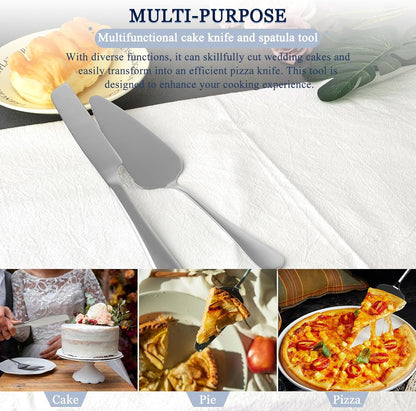 Cake Cutting Set for Wedding, Stainless Steel Cake Knife and Server with Anti-Rust 410 Grade, 2pcs Set for Cake, Pie, Pizza, Silver