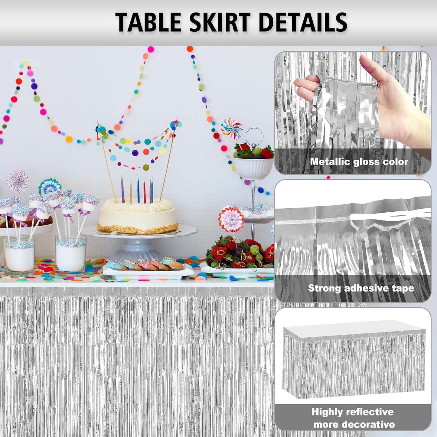 2 Pack 29.5x108 Inch Silver Foil Tinsel Fringe Table Skirts, Disposable Table Skirts for Rectangle Tables Curtains Backdrop Parade Wedding Floats Baby Shower Birthday Mardi Gras Party