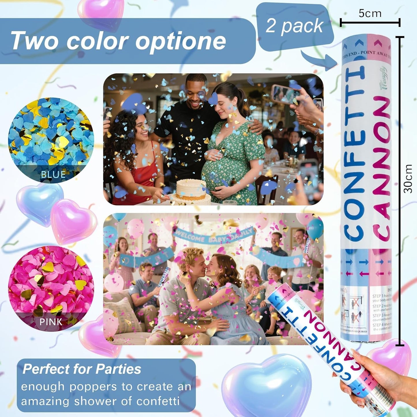 2 Pack Gender Reveal Confetti Cannon, 12 in Pink Square shaped Paper Party Poppers Cannons, Confetti Poppers For Baby Girl Gender Reveal Baby Showers (Square, Pink)