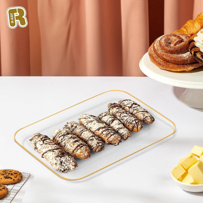 3 Pack Plastic Serving Trays for Party - Gold Serving Tray 8 x 11 Inch - Heavy Duty Dessert Trays for Food - Rectangular Party Serving Trays for Entertaining - Clear Cookie Platters
