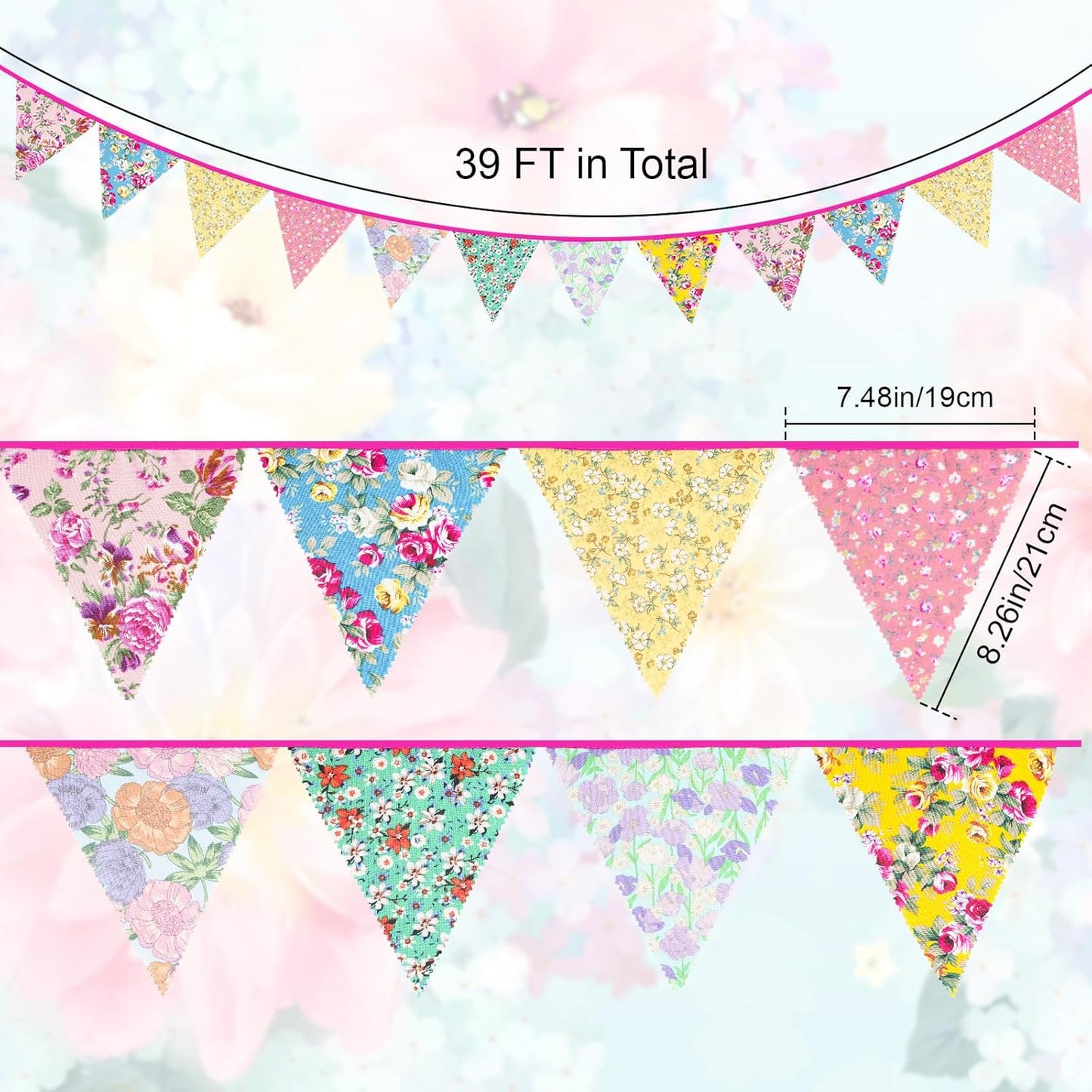 jijAcraft 39Ft Triangle Bunting Banner, 42Pcs Tea Floral Party Bunting Cotton Fabric Flags Pennant Garlands for Birthday Party, Wedding, Baby Shower, Outdoor and Home Decorations (Pink)