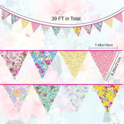 jijAcraft 39Ft Triangle Bunting Banner, 42Pcs Tea Floral Party Bunting Cotton Fabric Flags Pennant Garlands for Birthday Party, Wedding, Baby Shower, Outdoor and Home Decorations (Pink)