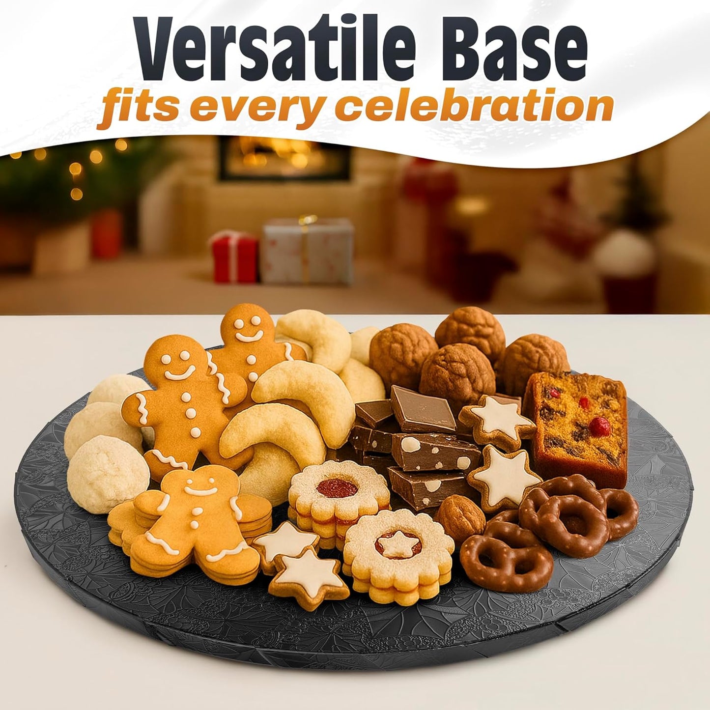12 Inch Cake Drum, Black Cake Board for Picture-Ready Celebration Cakes, 1/2 Inch Thick Round Cardboard Base with Grease & Moisture Resistant Surface and Decorative Pattern for Parties and Weddings