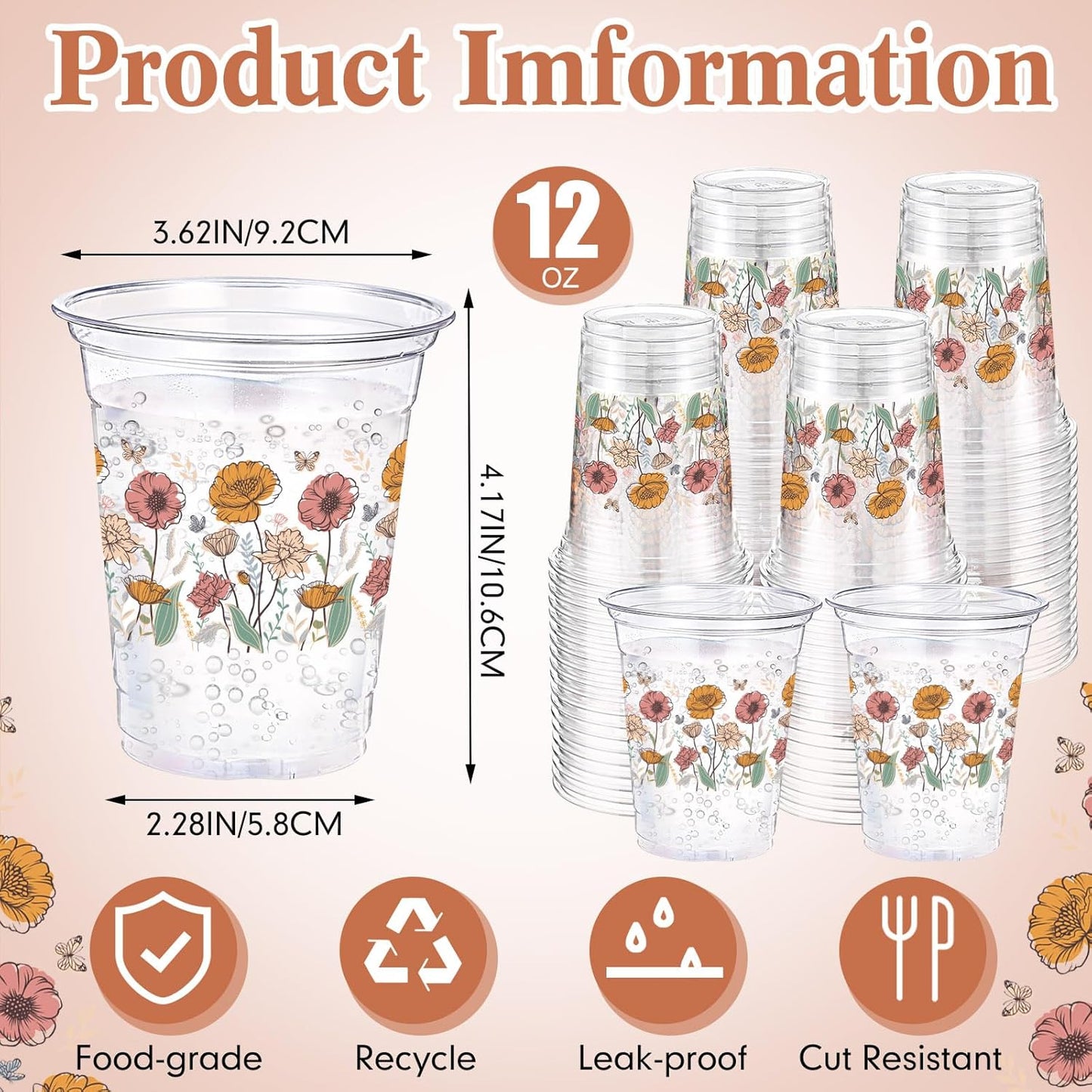 Hushee 60 Pcs Purple Floral Cups with Spring Summer Flower 16 oz Wildflowers Plastic Disposable Drinking Cups for Summer Spring Birthday Baby Shower Wedding Party Supplies