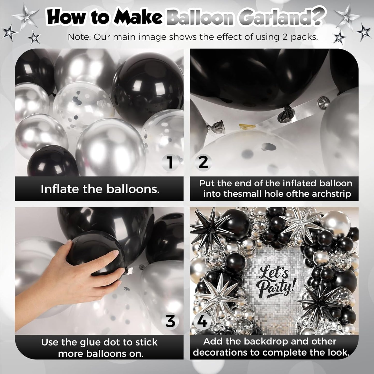 153Pcs Black and Silver Balloons Garland Arch Kit with Stars - 22 18 12 10 5 inch Different Size Black Metallic Silver Confetti Latex Balloon for Birthday Graduation New Year Party Decorations