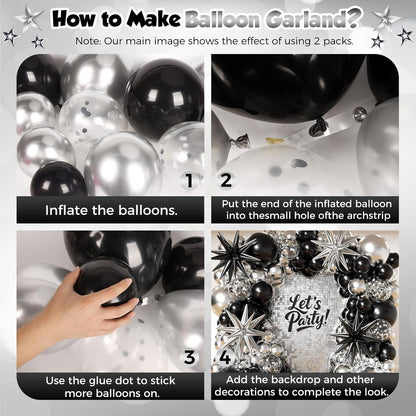 153Pcs Black and Silver Balloons Garland Arch Kit with Stars - 22 18 12 10 5 inch Different Size Black Metallic Silver Confetti Latex Balloon for Birthday Graduation New Year Party Decorations