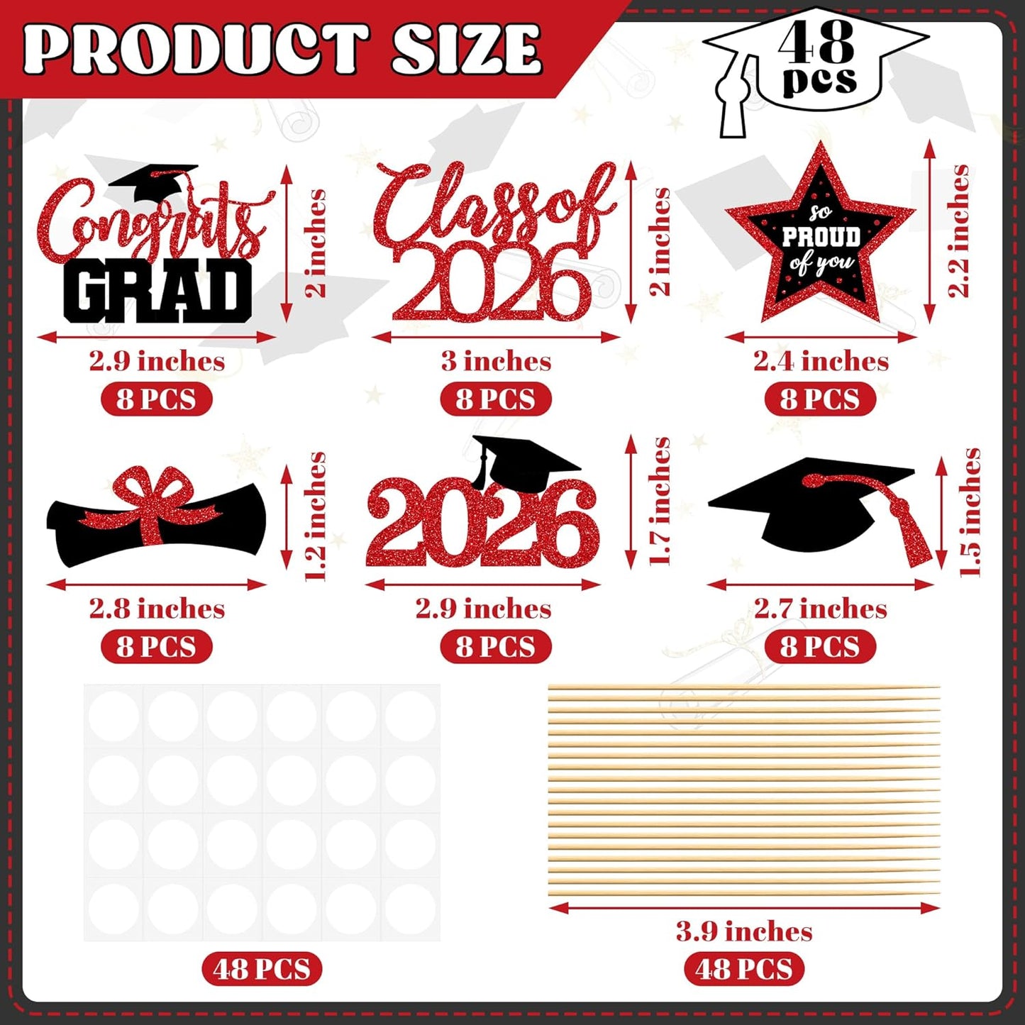 48 PCS Graduation Cupcake Toppers, Glittery 6 Styles Congrats Grad Cake Topper, Black and Red Graduation Decorations 2026, Cap and Diploma Cake Picks for Grad Party Supplies