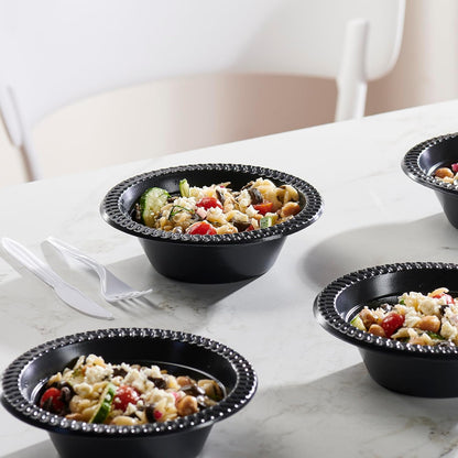 PLASTICPRO 100 PCS Black Plastic Bowls Light Weight 12 oz Plastic Soup Bowls Black Salad Plates Disposable for Party and Wedding