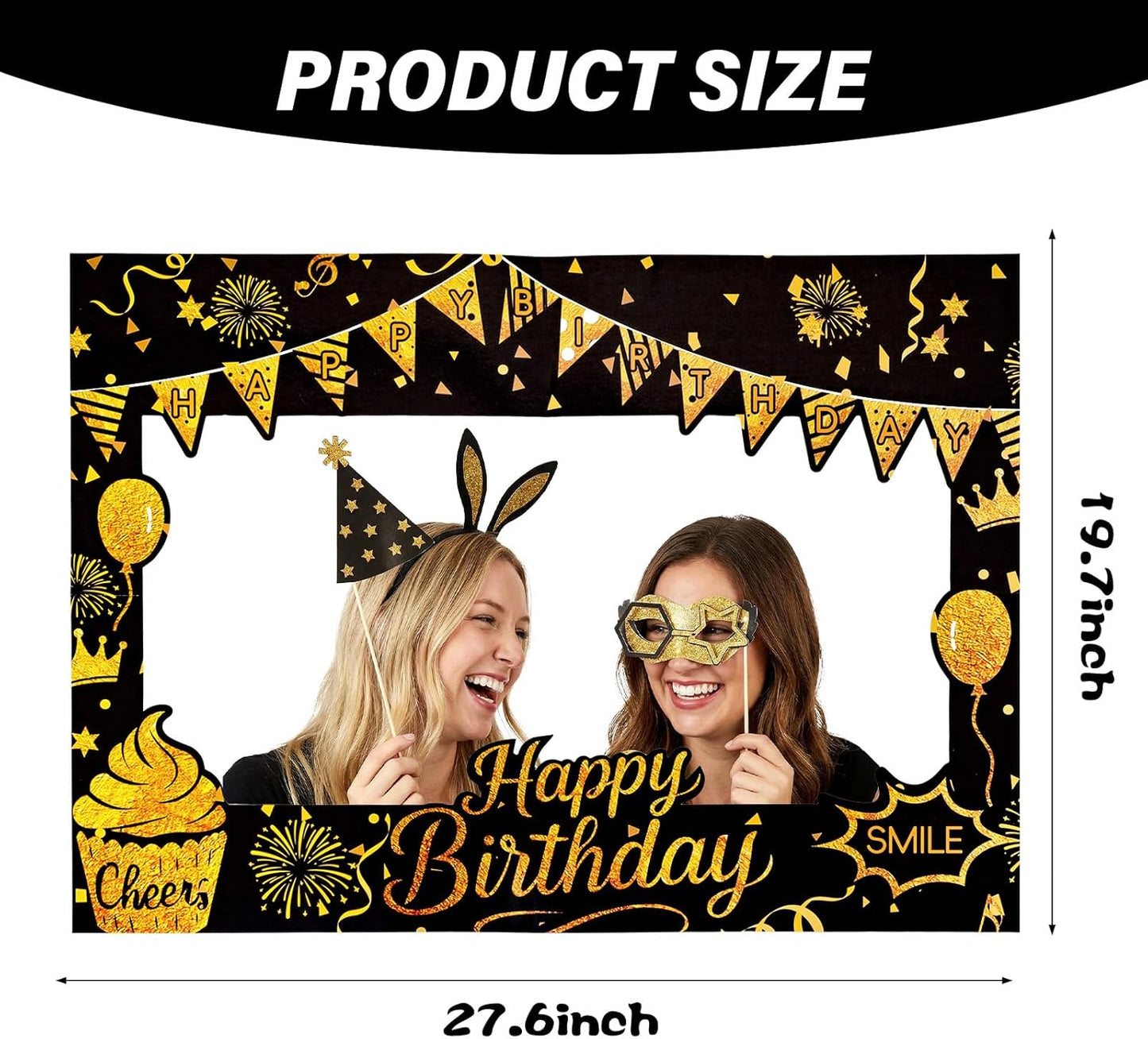 Fnuqz Black Gold Birthday Photo Booth Frame 23Pcs Photo Booth Props Set Party Selfie Birthday Party Decorations Funny Cute Selfie Supplies