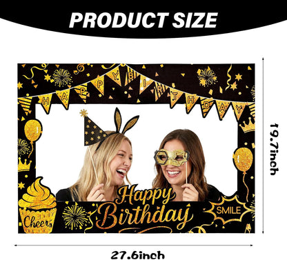 Fnuqz Black Gold Birthday Photo Booth Frame 23Pcs Photo Booth Props Set Party Selfie Birthday Party Decorations Funny Cute Selfie Supplies