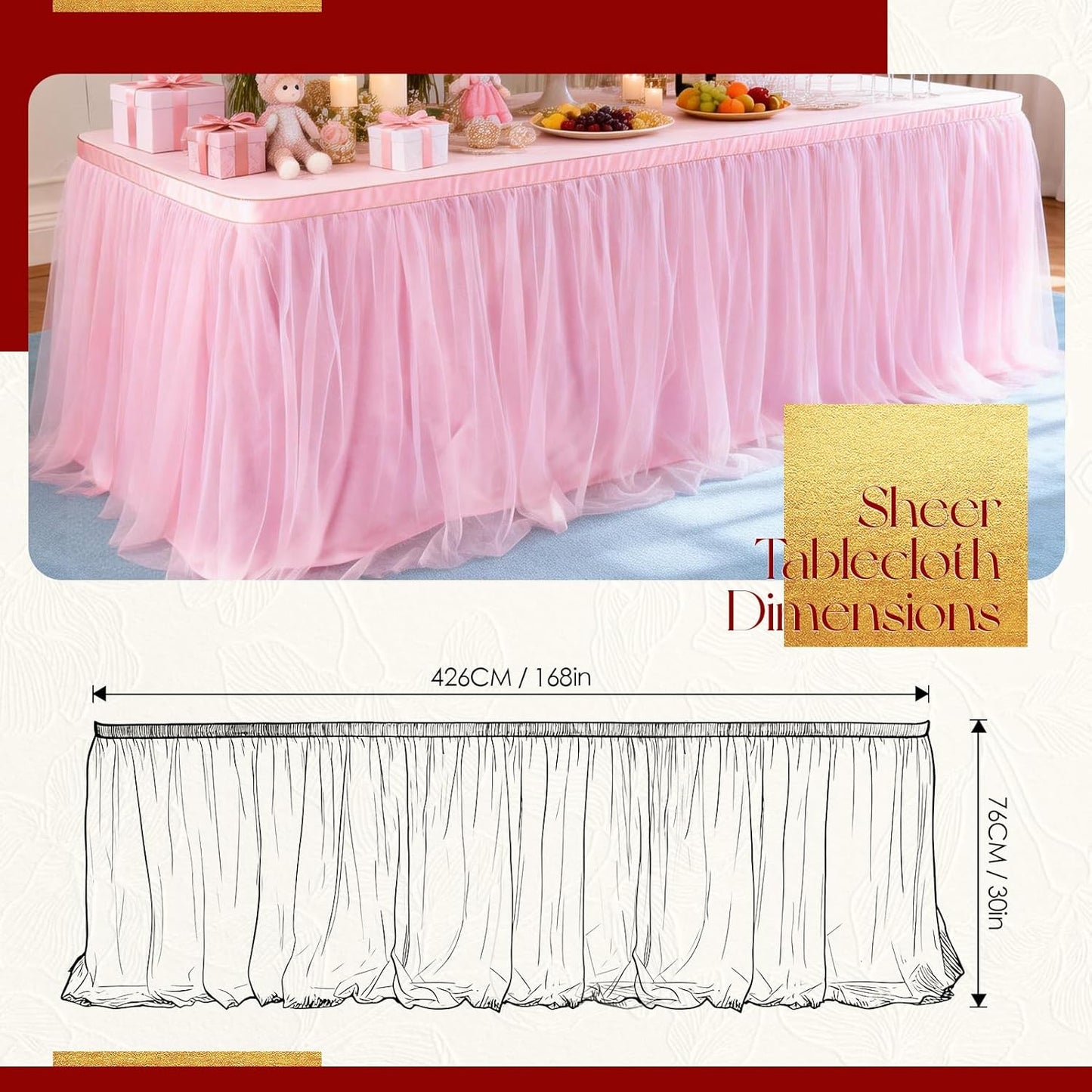 THARAHT Tulle Table Skirt 6FT 180CM Long for Rectangle Tables Round Tables Ruffle Desk Skirt for Princess Girls Birthday Party Cake Dessert Decorations Table Skirt